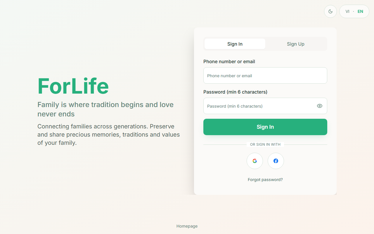 Form đăng ký ForLife — nhập tên, SĐT, email, mật khẩu