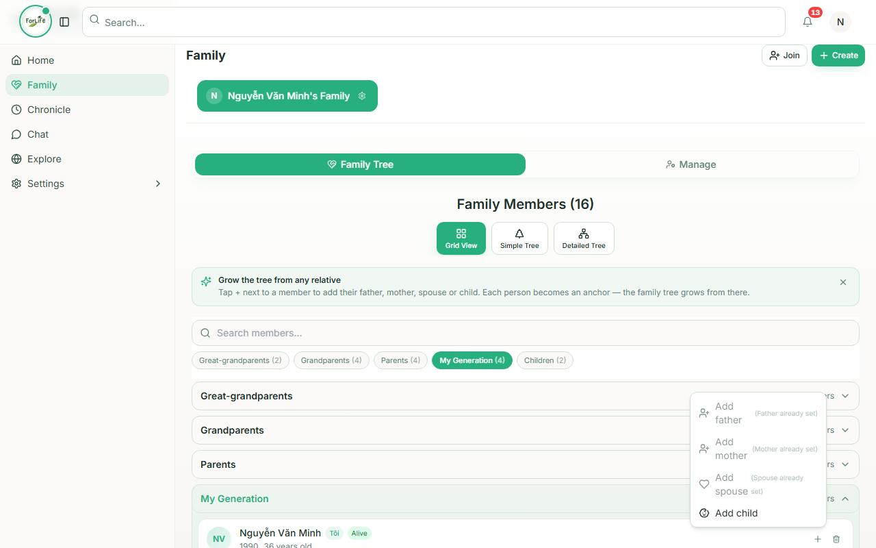 Dropdown thêm quan hệ: Add father, Add mother, Add spouse, Add child